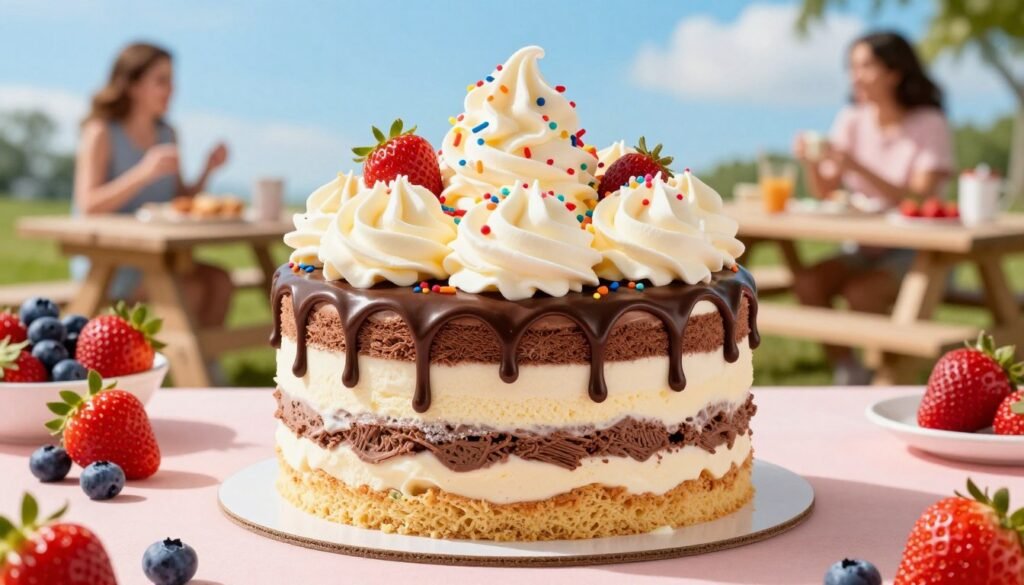 A Dairy Queen ice cream cake, elegantly presented as the centerpiece of a summer gathering. In the foreground, the vibrant, multi-layered cake features swirls of soft serve ice cream in classic vanilla and rich chocolate, festively adorned with colorful sprinkles and topped with a glossy chocolate fudge drizzle. Surrounding the cake are bright, fresh summer fruits like strawberries and blueberries, adding a pop of color. In the middle ground, a cheerful outdoor setting with a picnic table set against a sunny blue sky enhances the joyful mood. Soft, natural lighting casts a warm glow over the scene, emphasizing the cake's creamy textures and inviting appearance. The focus is on the cake, captured at an inviting angle, highlighting its delightful layers and festive toppings, making it the perfect summer indulgence.
