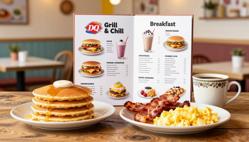 A beautifully arranged Dairy Queen Grill & Chill breakfast menu displayed on a rustic wooden table. In the foreground, showcase a vibrant selection of breakfast items, including golden pancakes stacked high, crispy bacon, fluffy scrambled eggs, and freshly brewed coffee in a charming mug. In the middle, highlight the neatly printed breakfast menu, featuring enticing descriptions and images of breakfast sandwiches, smoothies, and sides, with an inviting design. The background softly blurs a warm, welcoming restaurant atmosphere with cozy seating and bright, cheerful decor, illuminated by soft, warm lighting. Capture the scene from a slightly elevated angle, emphasizing the delicious food and the inviting environment, creating a mood of comfort and satisfaction.