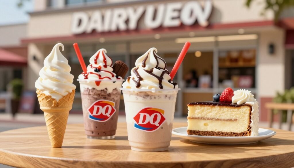 A beautifully arranged selection of Dairy Queen desserts, including a soft-serve ice cream cone, a Blizzard cup with toppings, and a sliced cake, showcased on a clean wooden table. The desserts are vividly colored, with creamy textures and appealing details that highlight their ingredients. In the background, a soft-focus Dairy Queen storefront can be seen, inviting a warm and nostalgic atmosphere. Natural lighting filters in, creating a vibrant and inviting scene, emphasizing the appetizing qualities of the treats. The camera is positioned at eye level, allowing for a close-up view of the desserts, making them the focal point of the image. Overall, the mood is cheerful and appetizing, inviting viewers to explore the options available while considering their nutritional aspects.