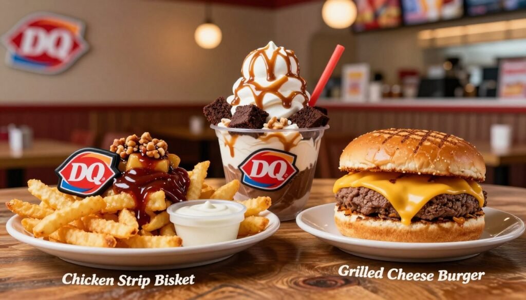 A beautifully arranged selection of Dairy Queen secret menu items, featuring a mouthwatering array of dishes. In the foreground, display a vibrant, overflowing plate of the “Chicken Strip Basket,” complete with crispy fries and savory dipping sauces. Next to it, a tantalizing “Grilled Cheese Burger” drizzling with melted cheese, perfectly grilled to golden perfection. In the middle ground, an enticing “Loaded Blizzard” overflowing with caramel toppings, nuts, and chunks of brownie. Set these delicious items on a rustic wooden table, enhancing the warmth of the scene. The background features a soft-focus Dairy Queen restaurant ambiance, with warm lighting casting a cozy glow. The entire atmosphere conveys an inviting and indulgent mood, perfect for a food enthusiast's discovery of delectable treats.