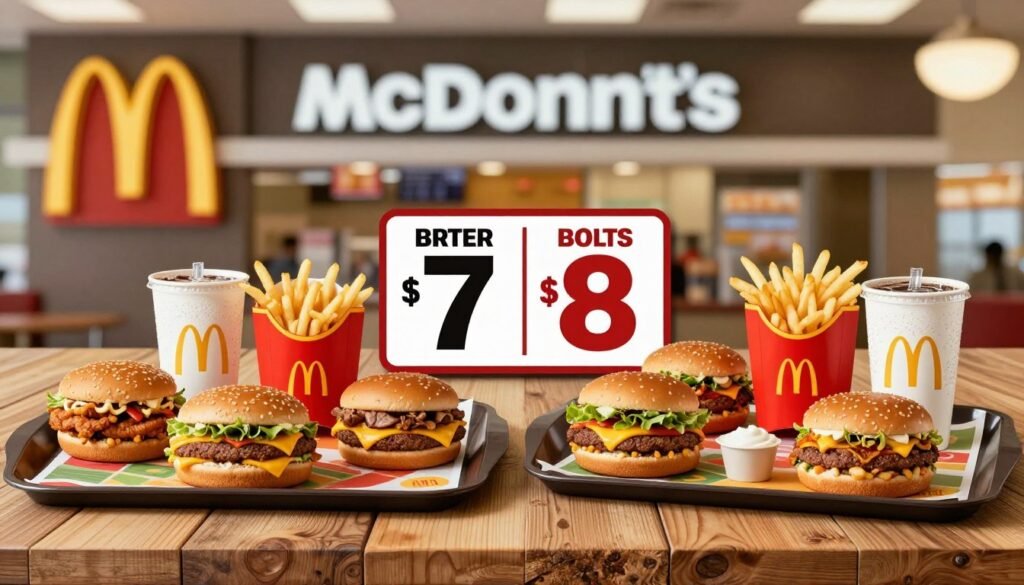 A clean, inviting comparison of McDonald's dollar menu items arranged on a rustic wooden table. In the foreground, display two trays: one filled with classic dollar menu items such as the McChicken, cheeseburgers, fries, and soft drinks on a colorful paper liner; the other tray showcases similar items from competitor fast food chains. In the middle ground, include a side-by-side price tag display with clear, bold prices next to each item. The background features a softly blurred McDonald's restaurant logo and a bright, cheerful atmosphere with warm lighting. The angle should be slightly above eye level, promoting a sense of clarity and detail. The overall mood should convey a fun and casual dining experience, appealing to families and budget-conscious diners.