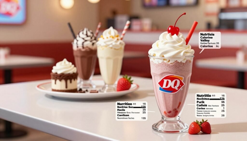 A close-up and detailed illustration of Dairy Queen milkshake nutrition facts presented on a sleek, modern table. In the foreground, a vibrant Dairy Queen milkshake in a classic cup, topped with whipped cream and a cherry, with clear nutrition facts displayed artistically around it. In the middle, a plate showcasing various flavors of milkshakes, like chocolate, vanilla, and strawberry, blurred slightly to bring focus to the milkshake in front. The background features a cozy Dairy Queen interior with warm lighting, highlighting the inviting atmosphere of a fast-food restaurant. The image should evoke a sense of curiosity and caution, emphasizing the hidden calories in these delicious beverages, captured from a slightly angled, eye-level perspective to add depth and engagement.