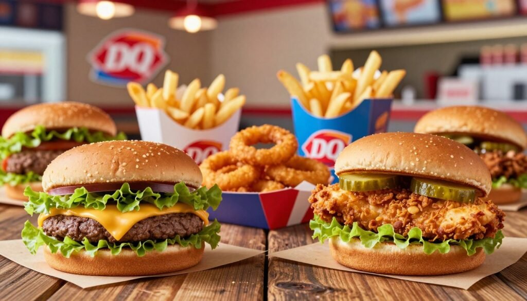 A close-up shot of a variety of Dairy Queen burgers and sandwiches, artfully arranged on a rustic wooden table. In the foreground, feature a juicy cheeseburger with melted cheese, fresh lettuce, and a perfectly toasted bun, alongside a crispy chicken sandwich with pickles. In the middle, include some vibrant side dishes like onion rings and fries, displayed in playful paper containers. The background should have a soft-focus view of a Dairy Queen restaurant, with warm, inviting lighting that creates a cozy atmosphere. Use a shallow depth of field to emphasize the burgers and sandwiches, capturing the textures and colors vividly. The mood should be appetizing and friendly, ideal for a nutrition-focused article.