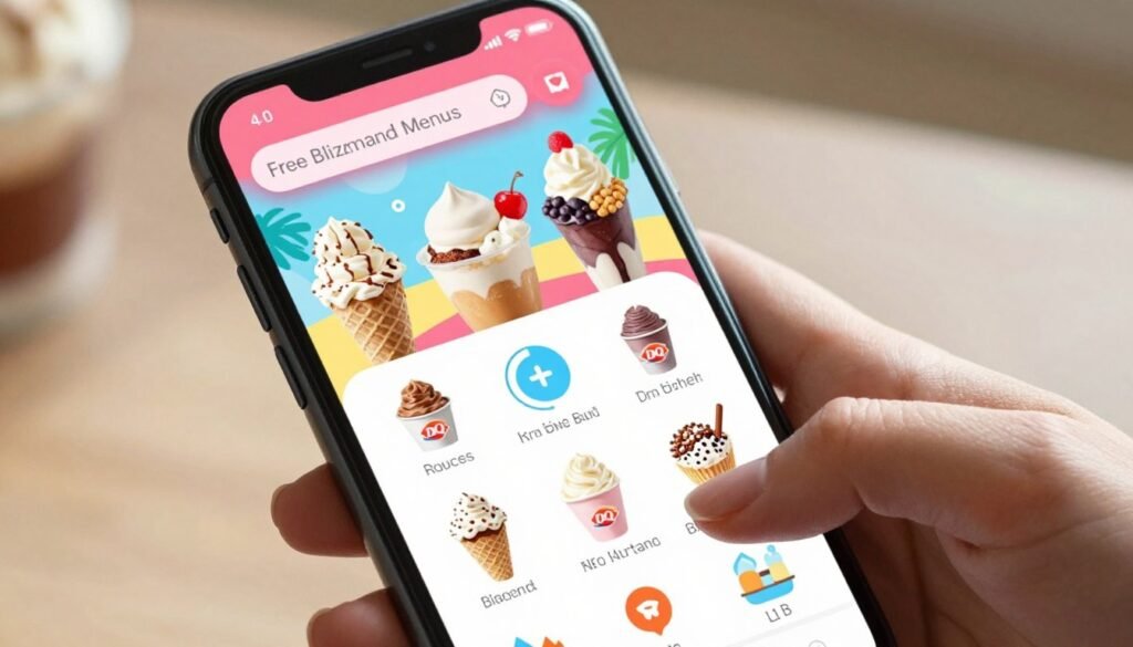 A close-up view of a Dairy Queen mobile app interface displayed on a sleek smartphone. The app showcases a colorful and enticing Free Blizzard Menu, featuring various Blizzard options with mouth-watering visuals of ice cream and toppings. In the foreground, the phone is held by a hand with neatly manicured fingers, symbolizing user engagement. The middle layer focuses on the app's user-friendly layout with vibrant colors and attractive icons, emphasizing promotions and special offers. The background is softly blurred to highlight the app while maintaining a playful, inviting atmosphere. Natural lighting casts soft shadows, creating a warm ambiance, and the angle suggests a personal connection to the app, making it feel accessible and appealing to potential users.
