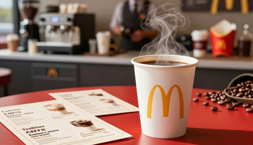 A close-up view of a McDonald's coffee cup surrounded by an array of coffee-related items. In the foreground, the coffee cup sits on a vibrant red table with steam rising from it, conveying warmth and freshness. On one side, neatly arranged calorie information cards feature key statistics about McDonald's coffee options, such as calories and other nutritional facts. The middle ground features a blurred background showcasing a McDonald's coffee station with an espresso machine, barista tools, and coffee beans in soft focus to suggest a bustling coffee shop atmosphere. The lighting is bright and inviting, with natural sunlight filtering in, accentuating the rich, dark color of the coffee. The overall mood is cozy and informative, perfect for coffee enthusiasts.