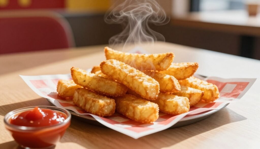 A close-up view of crispy McDonald's hash browns served on a red-checkered paper liner. The hash browns are golden brown, perfectly oval, and steaming, showcasing their crunchy texture. In the foreground, add a small bowl of ketchup for dipping, with a subtle reflection on the surface. The middle ground features a well-lit, clean wooden table, enhancing the inviting breakfast atmosphere. Soft, natural sunlight filters in from the right, casting gentle shadows and highlighting the steam rising from the hash browns. The background includes a blurred glimpse of a cozy restaurant interior, with hints of red and yellow decor that resonate with McDonald's branding. The mood is warm and welcoming, evoking the start of a delightful breakfast experience.