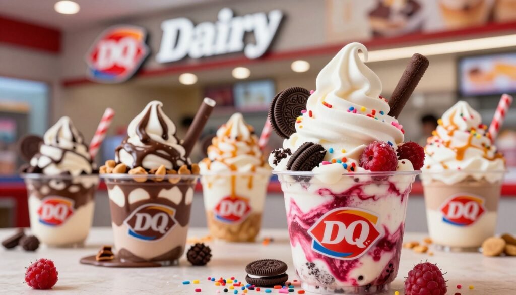 A colorful and enticing display of Dairy Queen Blizzard creations, featuring a variety of unique flavors and toppings. In the foreground, showcase an extravagant Blizzard cup overflowing with creamy vanilla soft serve and chunks of Oreo, blended with vibrant swirls of raspberry and sprinkles. Surround this cup with smaller Blizzard creations, each with distinctive toppings like chocolate fudge, peanut butter cups, and crushed caramel. In the middle ground, a close-up of ice cream drips and sprinkles scattered playfully around the cups, emphasizing the indulgent textures. The background features a soft-focus of a Dairy Queen store, with warm lighting creating an inviting and cozy atmosphere. Capture this scene using a 50mm lens from a slightly elevated angle, ensuring the focus remains on the delicious Blizzard treats, evoking a sense of fun and nostalgia.