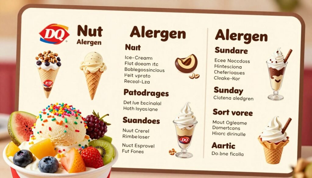A colorful and informative display of the Dairy Queen allergen menu options, featuring a well-organized layout with various treats like ice cream, sundaes, and soft serve, clearly marked for nut allergies. In the foreground, a close-up of a vibrant, nut-free dessert, decorated with fruits and colorful sprinkles, showcases the delicious safe choices available. The middle ground includes a neatly arranged allergen menu with iconographs indicating nut-free options against a light, friendly background. Soft, warm lighting enhances the inviting atmosphere, while a slightly angled perspective provides a dynamic view. The mood is friendly, encouraging customers to explore their safe options, with an emphasis on satisfaction and dietary awareness, all without text or branding.