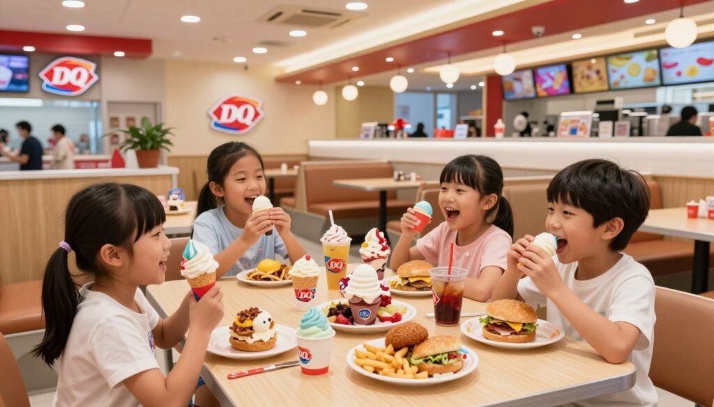 A cozy Dairy Queen family dining scene encapsulated in warm lighting. In the foreground, a cheerful family of four sits around a wooden table, enjoying their meals from the Kids Menu; the children are excitedly holding colorful ice cream treats and burgers. In the middle, an array of Dairy Queen offerings is displayed, showcasing vibrant plates of food, ice cream sundaes, and refreshing drinks. The background features the iconic Dairy Queen interior, with bright branding, inviting booths, and cheerful decor. The image captures a lively, joyful atmosphere, emphasizing togetherness and enjoyment, with a wide-angle lens giving a spacious feel to the bustling dining environment.