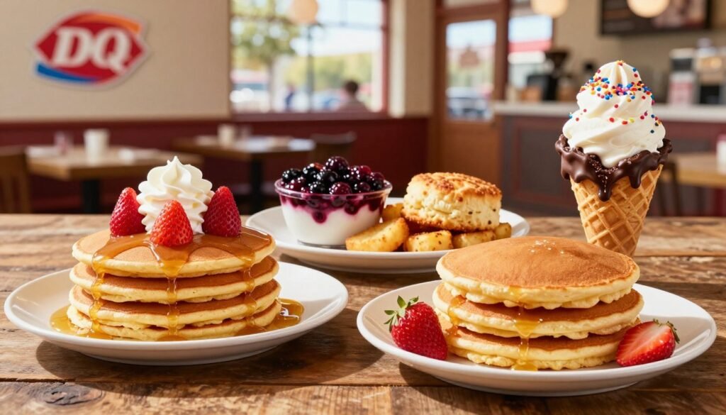 A delectable spread of Dairy Queen Breakfast Desserts arranged on a rustic wooden table. In the foreground, feature a stack of warm, fluffy pancakes drizzled with syrup and topped with fresh strawberries and a dollop of whipped cream. Beside it, a rich chocolate-dipped waffle cone filled with creamy vanilla ice cream and sprinkles. In the middle ground, showcase an elegant dish of berry compote with a side of crispy hash browns and a warm, flaky biscuit. In the background, softly blurred, include the charming interior of a Dairy Queen, with natural sunlight filtering through large windows, creating a warm, inviting atmosphere. The scene conveys a cozy and indulgent morning vibe, perfect for starting the day on a sweet note.