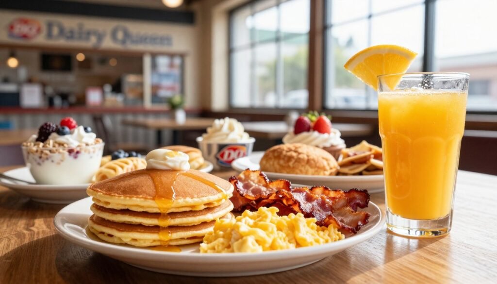 A detailed representation of a Dairy Queen breakfast spread on a wooden table, featuring colorful dishes like fluffy pancakes, crispy bacon, freshly scrambled eggs, and a refreshing fruit cup. In the foreground, a close-up of a vibrant orange juice glass glistening in soft morning light, capturing the fresh and nutritious aspect of the meal. The middle ground includes a neatly arranged breakfast platter with a mix of healthy options, such as oatmeal topped with berries and a yogurt parfait. In the background, a rustic Dairy Queen storefront with morning light streaming through large windows, creating a warm and inviting atmosphere. The image should evoke a sense of comfort and indulgence while highlighting the variety and nutritional considerations of Dairy Queen's breakfast menu.