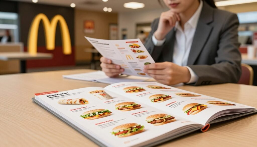 A detailed visual representation of McDonald's allergen information prominently displayed on a clean, organized table. In the foreground, a focused view of an open menu booklet showcasing various allergen-safe lunch and dinner meal options, such as salads, wraps, and grilled chicken sandwiches, neatly illustrated with colorful food photos. The middle ground features a professional-looking individual in business attire, engaged in reviewing the allergen information, with a thoughtful expression. The background consists of a soft-focus McDonald's restaurant interior, featuring iconic branding elements like the golden arches subtly incorporated. The lighting is warm and inviting, creating a friendly and informative atmosphere. The angle is slightly above eye level, providing a comprehensive view of the scene while emphasizing the importance of food safety.