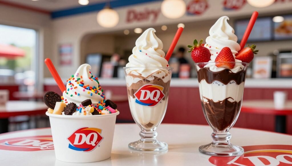 A mouth-watering display of Dairy Queen Royal Treats, featuring a variety of delectable desserts in the foreground. Highlight a classic Blizzard cup overflowing with swirling soft serve, mixed with vibrant toppings like crushed cookies and rainbow sprinkles. Position a tall parfait cup next to it, showcasing layers of creamy vanilla ice cream, rich chocolate sauce, and fresh strawberries. The middle layer includes a clear plastic table with a cheerful red and white Dairy Queen table cover. In the background, softly lit with natural light, a Dairy Queen store is visible, creating a warm, inviting atmosphere. Use a shallow depth of field to focus on the desserts, giving a sense of indulgence and delight. Capture the essence of a summer treat, evoking a fun and nostalgic mood.