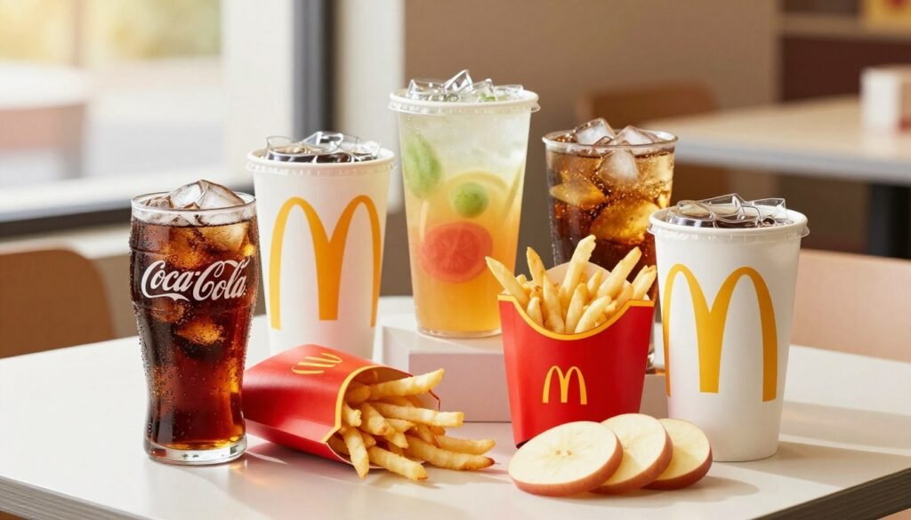 A tempting selection of McDonald's $1, $2, and $3 drink options, beautifully arranged on a clean, bright table. In the foreground, showcase a vibrant, frosty Coca-Cola, a colorful fruit punch, and a refreshing iced tea, all presented in iconic McDonald’s cups. The middle layer includes crispy fries and apple slices served in McDonald’s signature containers, enticingly placed beside the drinks. The background features a hint of a sunny fast-food restaurant interior, with light streaming through large windows, creating a warm and inviting atmosphere. Capture the image with a soft focus to enhance the foreground, using natural lighting to accentuate the vibrant colors of the drinks and sides. The mood is cheerful and appetizing, perfect for showcasing affordable and appealing menu items.