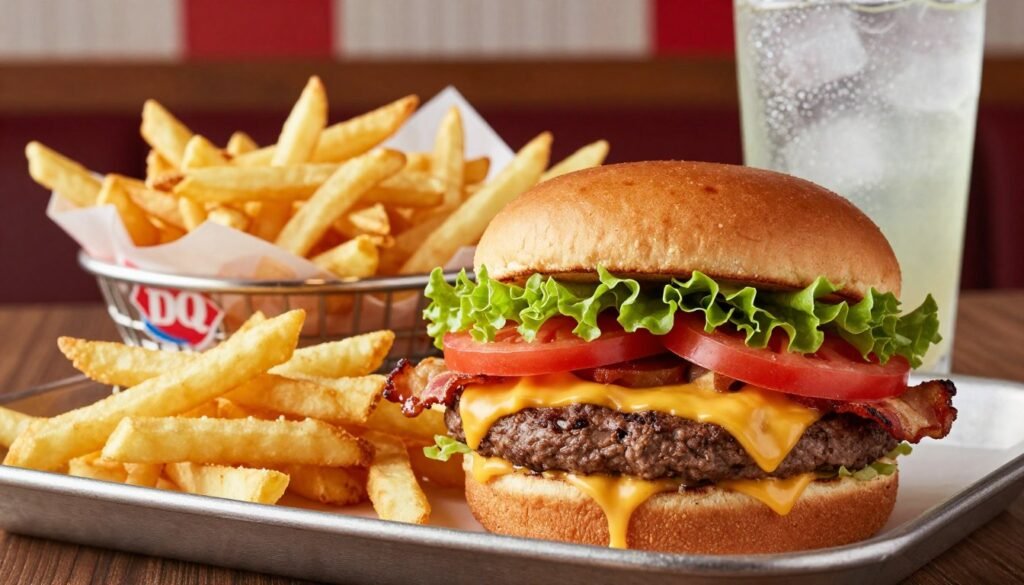 A vibrant Dairy Queen burger combo spread, featuring a juicy cheeseburger with melted cheese, fresh lettuce, ripe tomato, and crispy bacon on a toasted bun, garnished with a side of golden French fries and a refreshing soft drink. In the foreground, showcase the burger with melted cheese slightly oozing out, emphasizing its appetizing textures. In the middle ground, display the fries in a perfectly lined basket, and include a sparkling drink with ice. Set against a warm, inviting diner-style backdrop with soft lighting to create a cozy atmosphere, enhancing the feeling of indulgence and satisfaction. Use a slightly elevated angle to capture the entire meal’s enticing presentation, focusing on the richness of colors and details that highlight the deliciousness of the Dairy Queen offerings.