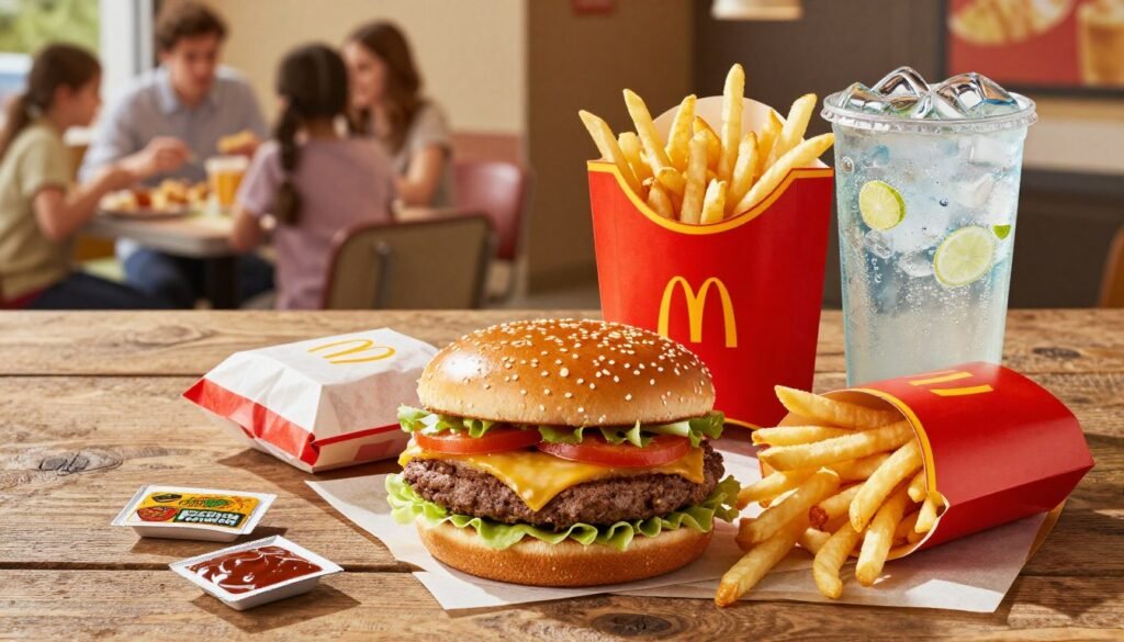 A vibrant McDonald's meal deal spread on a rustic wooden table, showcasing a delicious Big Mac, crispy fries, and a refreshing soft drink. The foreground features the meal items arranged invitingly, with a paper wrapper and sauce packets artistically scattered around. In the middle, soft natural light filters in, highlighting the glossy finish of the burger and the golden fries, creating an appetizing glow. The background includes a cozy fast-food restaurant setting with blurred images of a family enjoying their meals together, providing a warm and inviting atmosphere. Capture the image at a slight overhead angle to emphasize the meal's textures and colors, evoking a sense of hunger and comfort.