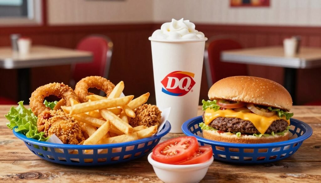A vibrant and appetizing spread of Dairy Queen’s basket meals, featuring a crispy chicken basket with golden fries, a cheeseburger with melted cheese, and a small side of onion rings. The foreground should showcase the food items on a rustic wooden table, with fresh ingredients like lettuce and tomato artistically arranged. In the middle ground, a classic Dairy Queen cup filled with a soft drink adds a refreshing touch. The background displays a cozy diner setting with warm lighting, hinting at a welcoming atmosphere. Soft natural light illuminates the scene to enhance the colors and textures of the food, creating an inviting and cheerful mood. The angle should be slightly elevated, giving a clear view of the delicious meals while inviting the viewer to savor the experience.
