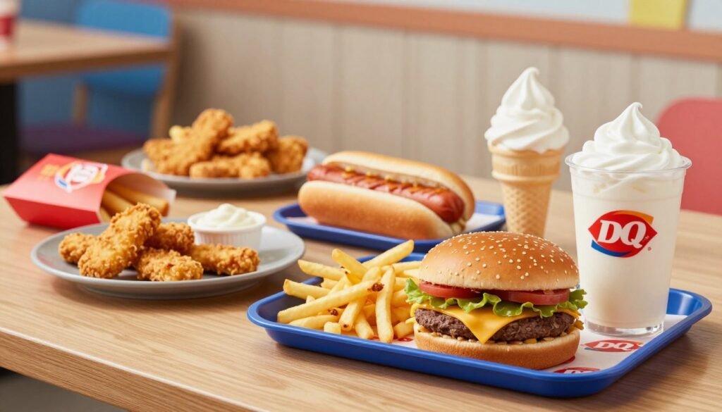 A vibrant and colorful display of various kids' meals from Dairy Queen, arranged neatly on a wooden table. In the foreground, feature a tray with a cheeseburger, small fries, and a soft drink, showcasing the kid-friendly portion sizes. In the middle ground, place other popular items like chicken strips, a miniature hot dog, and an ice cream cone, all beautifully presented. In the background, include subtle hints of a cozy Dairy Queen restaurant setting, with soft lighting that creates a warm, inviting atmosphere. Use a shallow depth of field to draw attention to the food, while maintaining a blurred background that hints at playful decorations. The overall mood should be cheerful and engaging, emphasizing the delightful treats aimed at children.