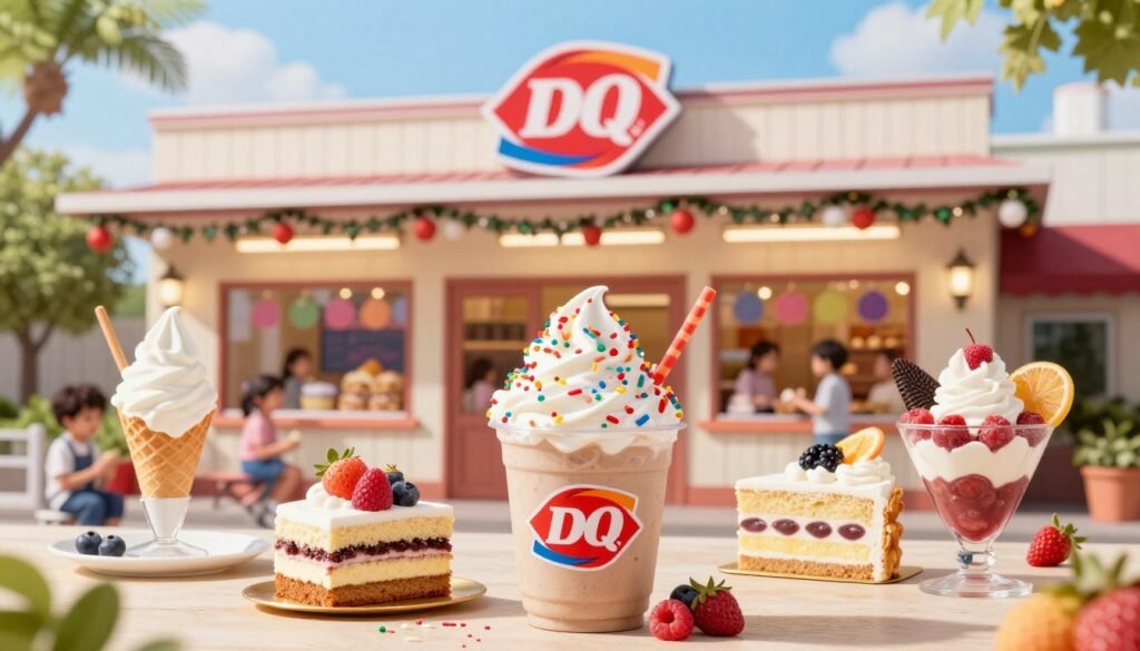 A vibrant and inviting image showcasing Dairy Queen’s seasonal offerings. In the foreground, feature an assortment of colorful frozen treats, including a seasonal Blizzard topped with whipped cream and festive sprinkles, alongside seasonal cakes and innovative sundaes adorned with seasonal fruits. In the middle ground, prominently display a beautifully designed Dairy Queen shop, adorned with cheerful seasonal decorations, inviting customers in. The background reveals a soft-focus of a sunny day, with families enjoying their treats outside the shop, capturing a joyful atmosphere. Use soft lighting to create a warm and inviting mood, with a slight tilt-angle perspective to emphasize the delicious desserts. The composition should evoke a sense of seasonal delight and nostalgia, perfect for a summer or holiday celebration.