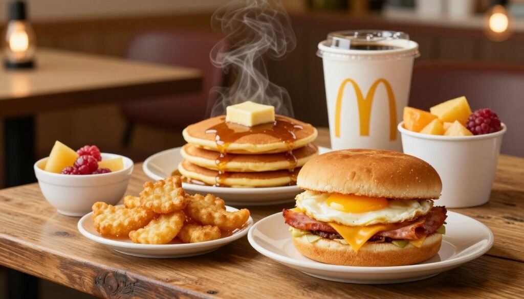 A vibrant arrangement of popular McDonald's breakfast options displayed on a rustic wooden table in a cozy diner setting. In the foreground, feature a golden Egg McMuffin with a perfectly cooked egg, melted cheese, and a slice of ham, alongside crispy hash browns. In the middle, include steaming hot pancakes drizzled with syrup and a side of butter, next to a small cup of fresh fruit. In the background, a cheerful McDonald's coffee cup and a light, warm glow from overhead Edison bulbs create a welcoming atmosphere. The scene is shot at a slight angle with soft, natural lighting, evoking a peaceful morning vibe. No people are present, allowing the focus to remain solely on the delicious breakfast spread.