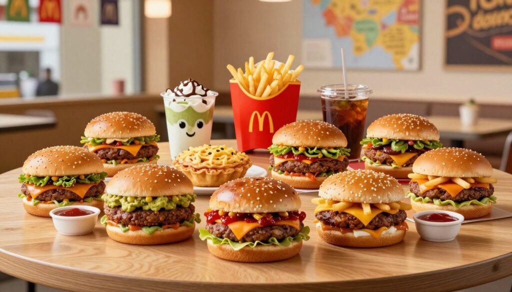 A vibrant assortment of international McDonald's secret menu items displayed on a polished wooden table. In the foreground, feature a colorful range of burgers with unique toppings like guacamole, spicy sauce, and exotic cheeses, alongside golden fries and special dipping sauces from various cultures. In the middle, add playful desserts like a matcha McFlurry and pineapple pie, each beautifully plated. The background should include a bright McDonald's restaurant interior with subtle cultural decorations like flags or map outlines, softly blurred to create depth. Use warm, inviting lighting to enhance the appetizing colors, and a wide-angle lens effect to capture the entire table setting in an engaging and enticing manner, creating a cozy and exciting atmosphere that invites exploration of global flavors.