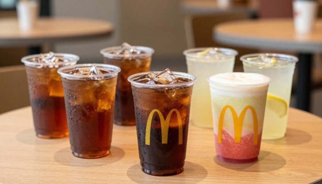 A vibrant display of McDonald's beverage options arranged on a sleek wooden table, featuring classic soft drinks, iced coffee, and fresh fruit smoothies. In the foreground, a clear plastic cup filled with a bubbly soda is highlighted, showing ice cubes and condensation on the outside. Beside it, a colorful fruit smoothie in a paper cup with a straw reflects the bright, refreshing nature of the drinks. In the middle ground, additional beverages, like iced teas and lemonades, are artistically arranged, showcasing their textures and colors. The background subtly hints at a McDonald's restaurant interior with soft lighting, creating a warm and inviting atmosphere. Use a shallow depth of field to keep the focus on the beverages, with soft bokeh effects to enhance the overall image and maintain a clean, clutter-free look.