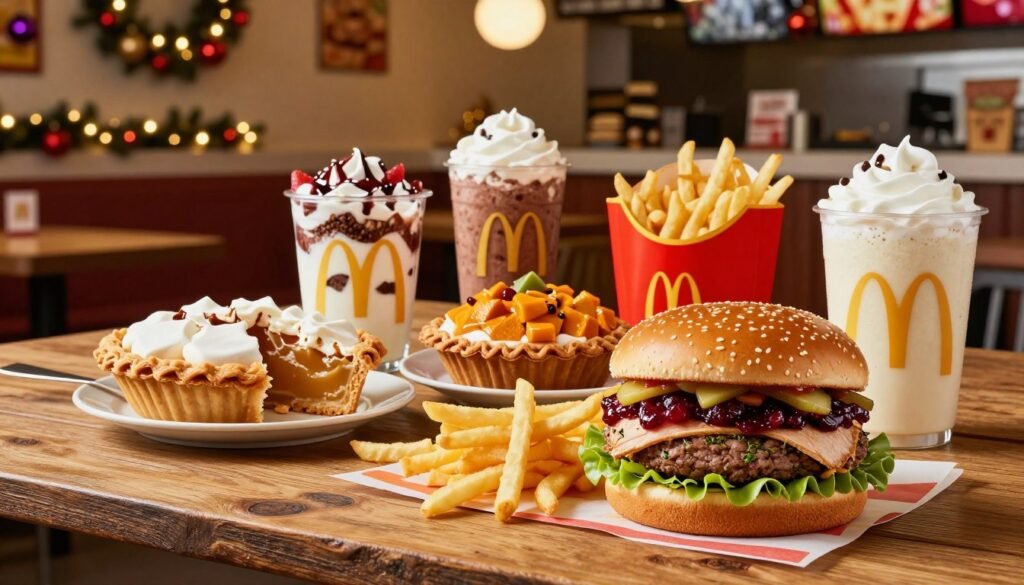 A vibrant display of McDonald's seasonal menu specials arranged on a rustic wooden table. In the foreground, showcase a beautifully crafted burger featuring seasonal ingredients like cranberry sauce and herb-infused turkey, accompanied by golden French fries and a festive drink topped with whipped cream. In the middle, a variety of eye-catching seasonal desserts like a pumpkin pie McFlurry and holiday-themed apple pie are artfully positioned, inviting viewers to indulge. The background features a cozy, warmly lit McDonald's interior with holiday decorations, including string lights and colorful ornaments, creating a cheerful atmosphere. The image captures a sense of delicious warmth and festivity, evoking feelings of celebration and sharing. Use soft, warm lighting to enhance the inviting mood, and opt for a slightly elevated angle to provide depth and perspective to the composition.