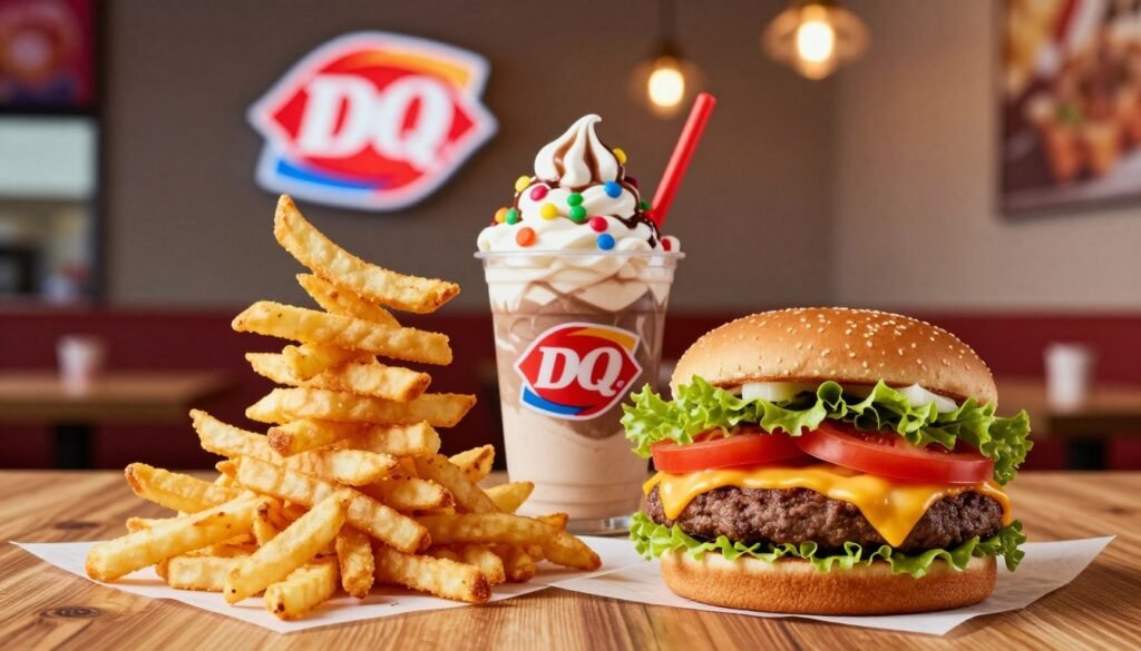 A vibrant scene showcasing a variety of Dairy Queen meal deals and combo options arranged on a wooden table. In the foreground, a tall stack of crispy, golden fries perched beside a juicy cheeseburger dripping with melted cheese, all garnished with fresh lettuce and ripe tomatoes. The middle ground features a creamy blizzard dessert swirled with colorful candy pieces, its texture inviting. In the background, a bright Dairy Queen logo softly lit by warm, cheerful lighting, enhancing the inviting atmosphere. The image captures the essence of a casual dining experience, exuding a sense of comfort and indulgence. Use a wide-angle lens for a dynamic composition, ensuring a focus that highlights the delicious details of the meal deals. The mood is joyful and appetizing, encouraging cravings for Dairy Queen treats.