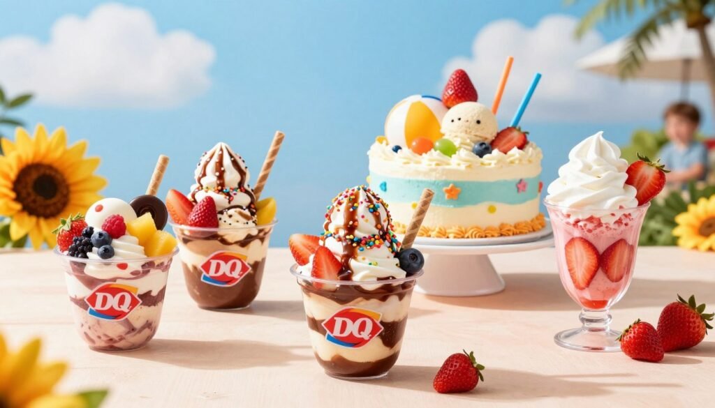 A vibrant, summer-themed Dairy Queen scene showcasing an enticing array of limited-time summer treats. In the foreground, feature a colorful selection of their signature Blizzards topped with fresh fruits, sprinkles, and drizzling sauces, alongside a refreshing strawberry sundae with whipped cream. The middle ground includes a cheerful ice cream cake decorated with summer motifs, like sunflowers and beach balls. In the background, a sunny outdoor setting with a bright blue sky and fluffy white clouds, hinting at a fun family outing atmosphere. The light is warm and inviting, casting soft shadows to enhance the treats’ textures. The composition should evoke feelings of joy and indulgence, perfect for a hot summer day.