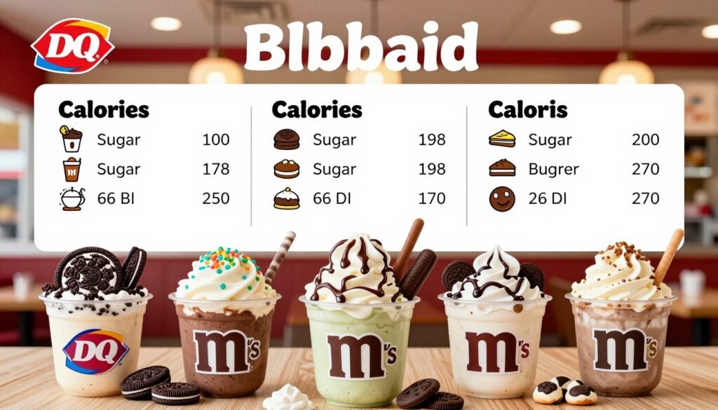 A visually appealing infographic-style image showcasing the nutritional information of popular Dairy Queen Blizzard options. In the foreground, include vibrant illustrations of various Blizzard flavors like Oreo, M&M's, and cookie dough, arranged attractively. Each Blizzard should be realistically rendered, highlighting its texture and colors. The middle layer features organized, clear nutritional information presented in a clean, easy-to-read format, including calories, sugar content, and serving size, with visual icons for quick reference. The background is a soft-focus Dairy Queen restaurant setting with warm, inviting lighting that evokes a friendly atmosphere. Capture a professional yet approachable tone, ensuring the elements harmonize to create an informative and visually engaging representation.