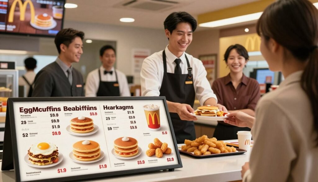 A visually appealing scene showcasing a well-organized McDonald's breakfast menu with prices. In the foreground, an elegant display board shows various breakfast items like Egg McMuffins, hotcakes, and hash browns, each with clearly visible prices. The items are rendered in a realistic style, with attention to detail on the textures and colors of the food. In the middle, two baristas in smart uniforms are engaging with customers, serving breakfast with smiles. The background features a bright and inviting McDonald's restaurant interior, with warm lighting that enhances the friendly atmosphere. The angle captures the essence of a busy morning, inviting viewers to experience the engaging ambiance of McDonald's breakfast hours.