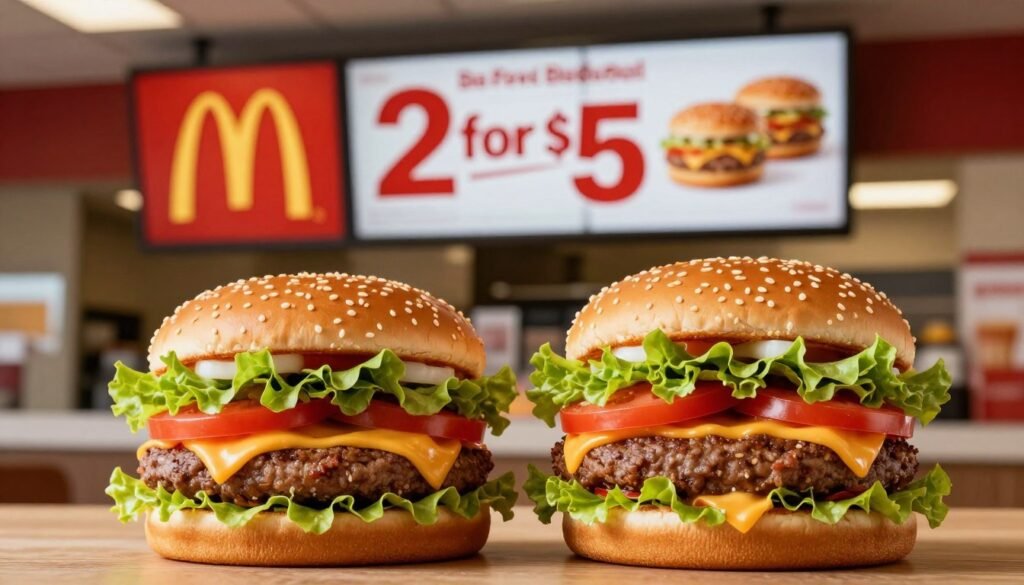 A visually striking comparison image featuring McDonald's iconic 2 for $5 menu deals. In the foreground, two delicious burgers are showcased side by side, highlighting the value of the deal with vibrant colors and appetizing details like fresh lettuce, ripe tomatoes, and melted cheese. In the middle ground, a traditional McDonald's menu board displays the regular pricing items, creating a clear contrast. The background is a softly blurred McDonald's restaurant interior, featuring warm lighting that evokes a welcoming atmosphere. The camera angle is slightly tilted, providing an engaging perspective that draws the viewer's eye. The overall mood should be inviting and cheerful, emphasizing the appeal of the fast food deal without any text or distractions.