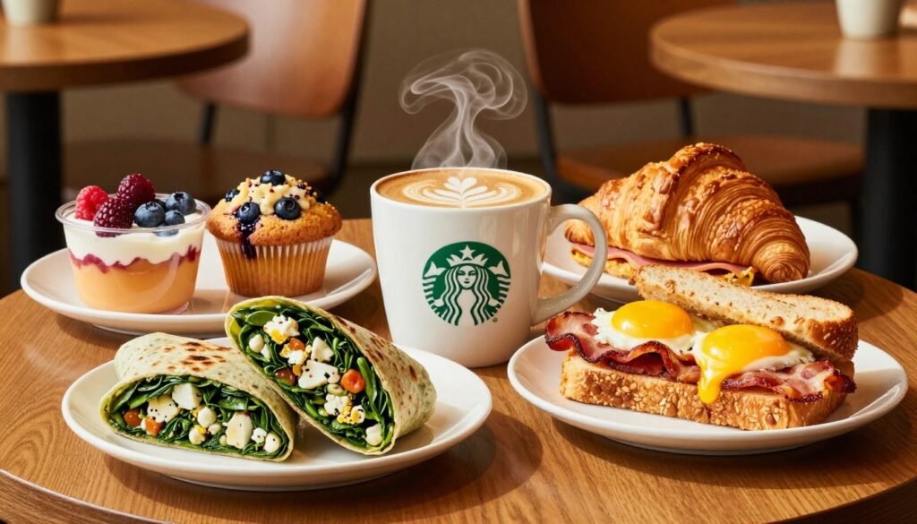 A beautifully arranged table showcasing an array of Starbucks breakfast options. In the foreground, a vibrant, flavorful spread featuring a spinach and feta wrap, a classic bacon and egg sandwich, and a seasonal fruit cup with berries. In the middle, a steaming cup of coffee with intricate latte art sits beside a selection of pastries, including a blueberry muffin and a ham and cheese croissant. The background features a cozy Starbucks café with warm wooden accents, soft lighting casting a welcoming glow. The image is captured from a slightly elevated angle, emphasizing the delicious food while creating an inviting atmosphere. The overall mood feels warm and inviting, perfect for highlighting nutritious breakfast choices.