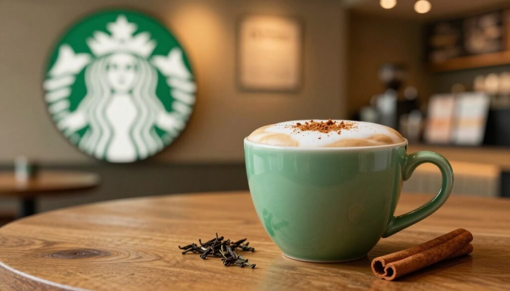 A beautifully crafted Starbucks Tea Latte sits elegantly on a rustic wooden table. In the foreground, the latte showcases vibrant layers of spiced chai and frothy milk with a delicate sprinkle of cinnamon on top. A stunning green ceramic cup adds a pop of color, surrounded by subtle tea leaves and cinnamon sticks. The middle ground features a soft-focus Starbucks logo prominently in view, hinting at the cafe ambiance. In the background, an inviting Starbucks café interior is softly lit, with warm yellow lighting casting a cozy glow. The atmosphere is peaceful and refreshing, evoking the soothing experience of enjoying a tea latte. The composition captures a close-up angle, emphasizing the latte's textures, with a slight bokeh effect to enhance the serene mood.