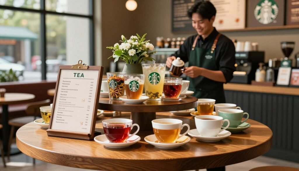 A beautifully organized display of Starbucks tea prices on an elegant wooden table. In the foreground, a polished menu board showcases various tea options with prices clearly listed, artfully arranged next to colorful tea cups and saucers filled with vibrant herbal teas. The middle ground features a barista in a smart black apron, carefully preparing tea while smiling, conveying a welcoming atmosphere. In the background, a Starbucks store with cozy seating and ambient lighting creates an inviting mood. Soft sunlight filters through large windows, adding a warm glow to the scene, enhancing the feeling of refreshment and relaxation. The overall composition feels inviting and professional, capturing the essence of enjoying high-quality tea at Starbucks.