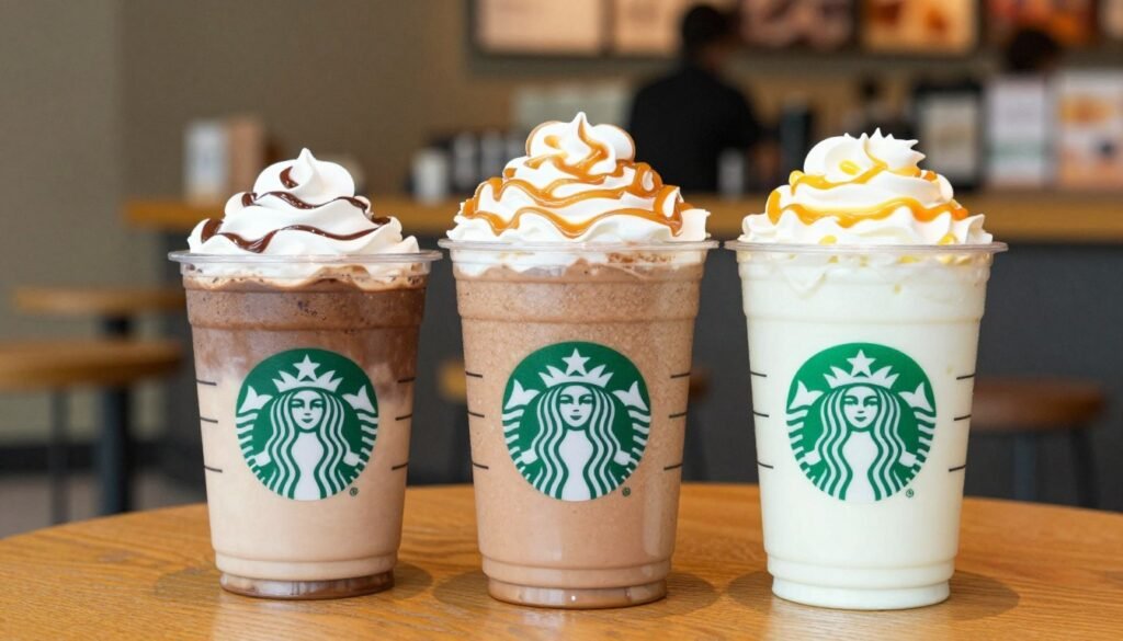 A close-up arrangement of three tall Starbucks Frappuccino cups in different sizes: short, tall, and venti, each filled with vibrant, colorful whipped toppings and various flavors like mocha, caramel, and vanilla. The cups should reflect the iconic Starbucks green and white branding, with clear labels indicating their sizes. The foreground features the cups artistically placed on a polished wooden table, with a blurred background showcasing a cozy Starbucks cafe setting, softly lit for a warm, inviting atmosphere. The lighting is bright yet soft, with a focus on the drinks, capturing their textures and details. This composition conveys a sense of indulgence and enjoyment, ideal for a beverage enthusiast's guide.
