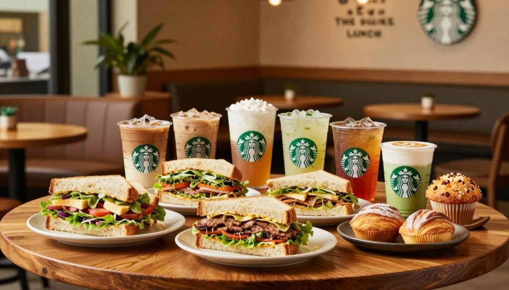 A vibrant and inviting Starbucks lunch menu display featuring an array of delicious food options. In the foreground, showcase beautifully arranged sandwiches, salads, and bakery items like pastries and muffins, all on a rustic wooden table. The middle ground includes a variety of colorful beverages, like iced coffee and refreshing teas, arranged aesthetically next to the food. The background features a cozy Starbucks café ambiance with soft lighting, potted plants, and comfortable seating, creating a welcoming atmosphere. Use warm golden tones to enhance the inviting mood, and apply a shallow depth of field to bring focus to the lunch items while slightly blurring the café backdrop. The image should celebrate the diverse and satisfying lunch offerings of Starbucks, set in a stylish yet casual environment, emphasizing enjoyment and comfort.