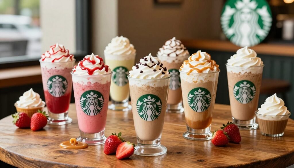 A vibrant display of Starbucks Creme Frappuccino flavors arranged artistically on a rustic wooden table. In the foreground, tall, clear cups showcase colorful layers of creamy beverages, including strawberry, vanilla bean, and caramel flavors, topped with whipped cream and drizzles. In the middle ground, a selection of ingredients like fresh strawberries, caramel sauce, and whipped cream adorn the scene, hinting at the flavors. The background features a softly blurred Starbucks logo sign, evoking a cozy café atmosphere. Natural light filters through a nearby window, illuminating the drinks and creating a warm, inviting ambiance. The composition captures the essence of indulgence and refreshment, perfect for non-coffee drinkers.
