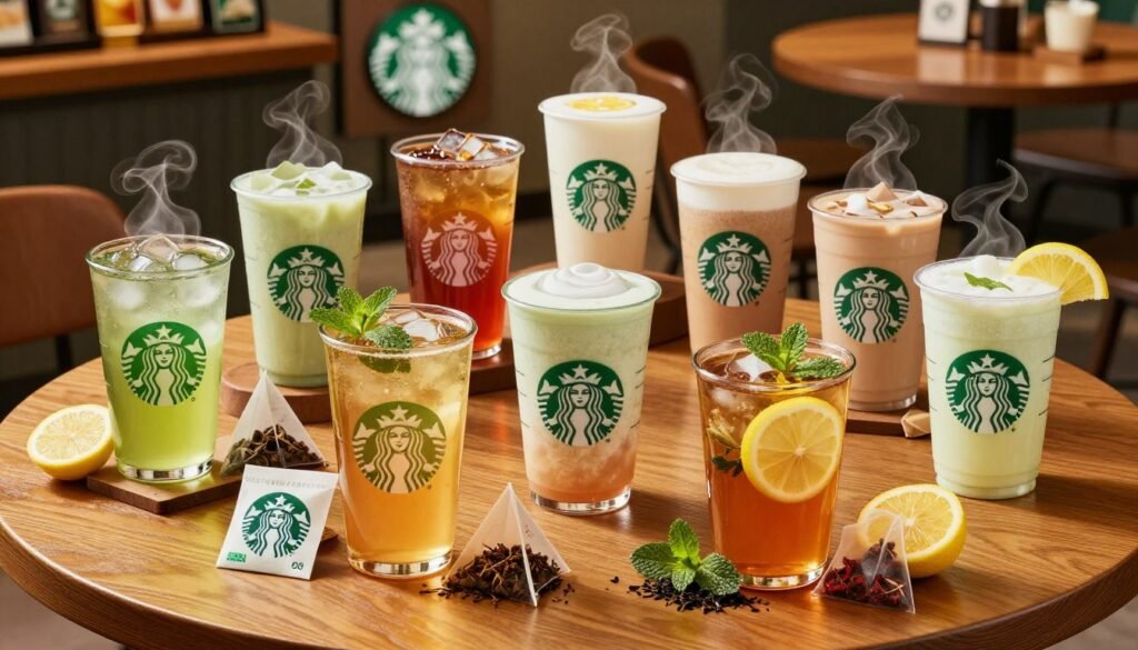 A well-arranged display of Starbucks tea options, showcasing a variety of colorful tea beverages, including iced green tea, chai tea latte, and herbal infusions, all beautifully presented in elegant glassware. The foreground features a luxurious wooden table with steaming cups of tea garnished with fresh mint and lemon slices, along with attractive tea bags and loose tea leaves. In the middle ground, a stylish Starbucks sign can subtly indicate the brand. The background features a cozy café setting with soft, warm lighting that creates an inviting atmosphere, hinting at a bustling environment but focusing on the tea offerings. The composition should be vividly vibrant, with an emphasis on freshness and health, captured from an overhead angle to highlight the variety and detail of the drinks.